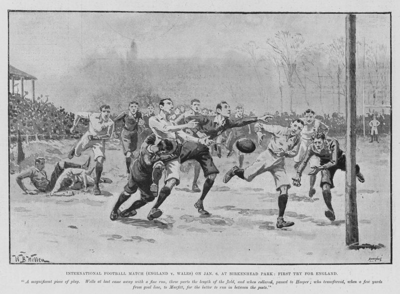 International Football Match (England v Wales) on 6 January, at Birkenhead Park, First Try for England by William Barnes (after) Wollen