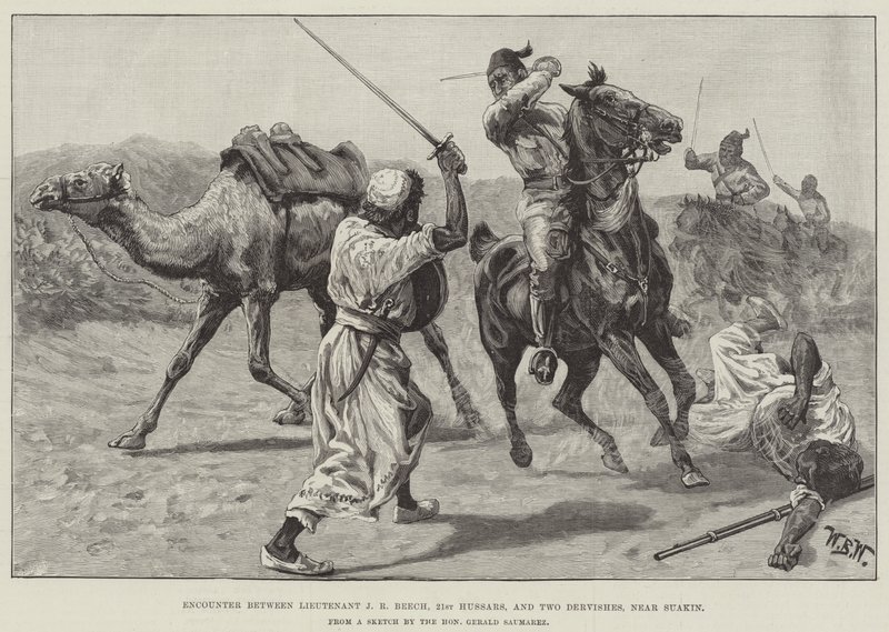 Encounter between Lieutenant J R Beech, 21st Hussars, and Two Dervishes, near Suakin by William Barnes Wollen