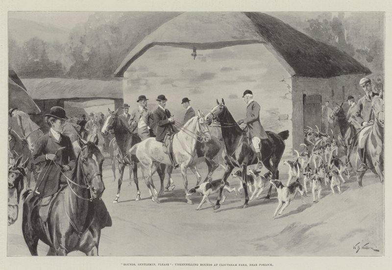 Hounds, Gentlemen, Please, Unkennelling Hounds at Cloutsham Farm, near Porlock by William Barnes Wollen