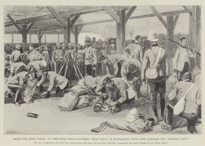 Troops for South Africa, 7th Detachment Royal Engineers, from Dublin, at Southampton Docks Shed Alongside the Braemar Castle by William Barnes Wollen