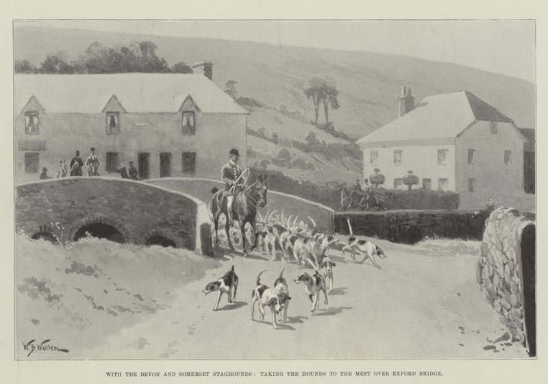 With the Devon and Somerset Staghounds, Taking the Hounds to the Meet over Exford Bridge by William Barnes Wollen
