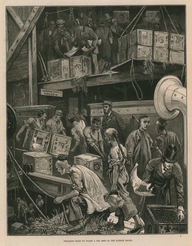 Breaking bulk on board a tea ship in the London docks by William Bazett Murray