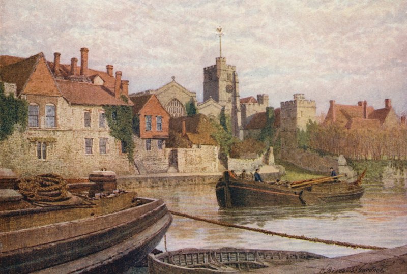 Maidstone, Back of the Ancient Palace, the Church, and Old College from across the Medway by William Biscombe Gardner