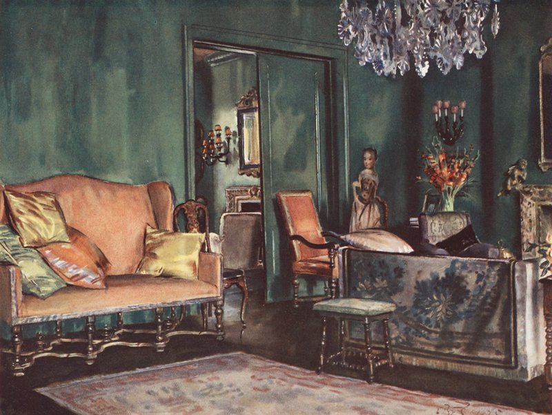 Interior decoration: A sitting-room with green walls by William Bruce Ellis Ranken