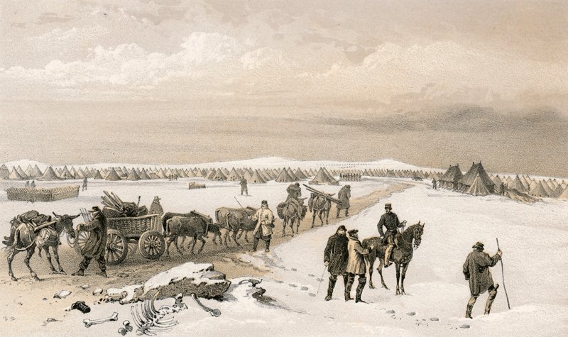 The camp of the 1st Division, looking north towards the camp of the 2nd Division, the Heights of Inkermann in the distance by William Crimea Simpson