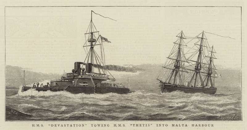 HMS Devastation Towing HMS Thetis into Malta Harbour by William Edward Atkins