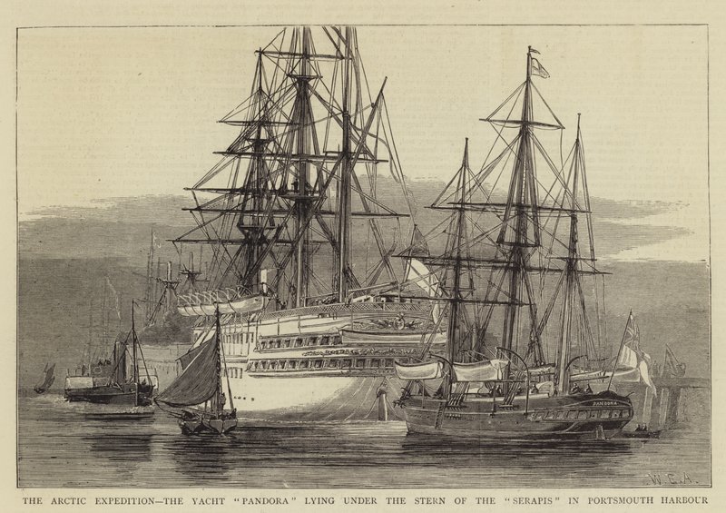 The Arctic Expedition, the Yacht Pandora Lying Under the Stern of the Serapis in Portsmouth Harbour by William Edward Atkins