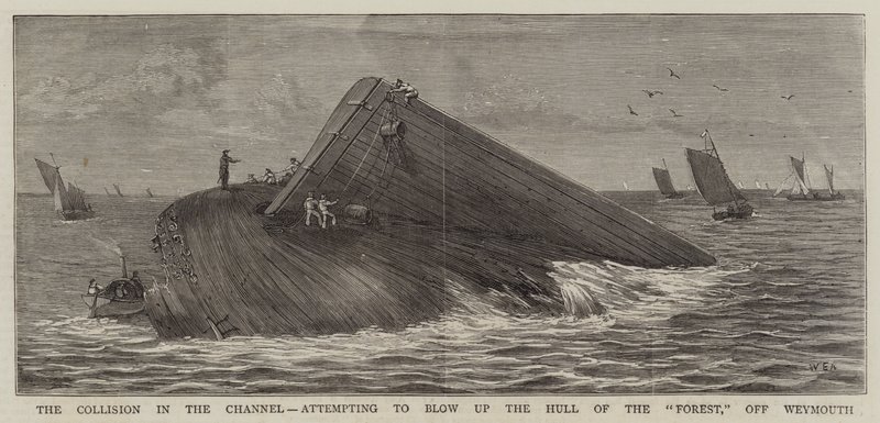 The Collision in the Channel, attempting to blow up the Hull of the Forest, off Weymouth by William Edward Atkins