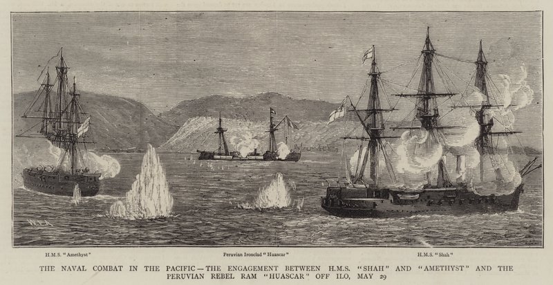 The Naval Combat in the Pacific, the Engagement between HMS Shah and Amethyst and the Peruvian Rebel Ram Huascar off Ilo, 29 May by William Edward Atkins