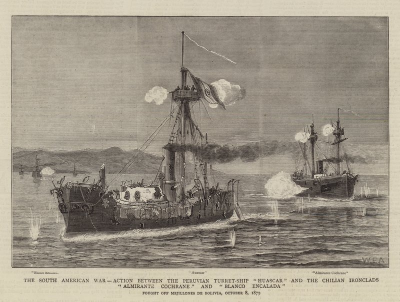The South American War, Action between Peruvian Turret-Ship Huascar and the Chilian Ironclads Almirante Cochrane and Blanco Encalada by William Edward Atkins