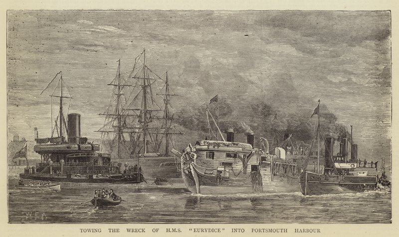 Towing the Wreck of HMS Eurydice into Portsmouth Harbour by William Edward Atkins