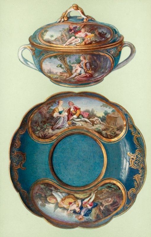 Ecuelle and Stand, Sevres, Turquoise-blue, with Panels after Boucher by William Gibb