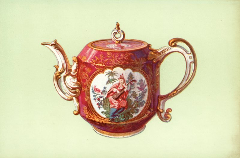 Teapot, Chelsea, Claret-colour, with Figures after Watteau by William Gibb