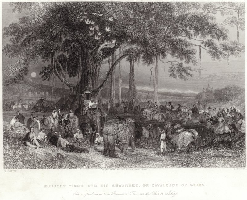 Runjeet Singh and his suwarree encamped under the banian tree on the River Sulley by William Harvey