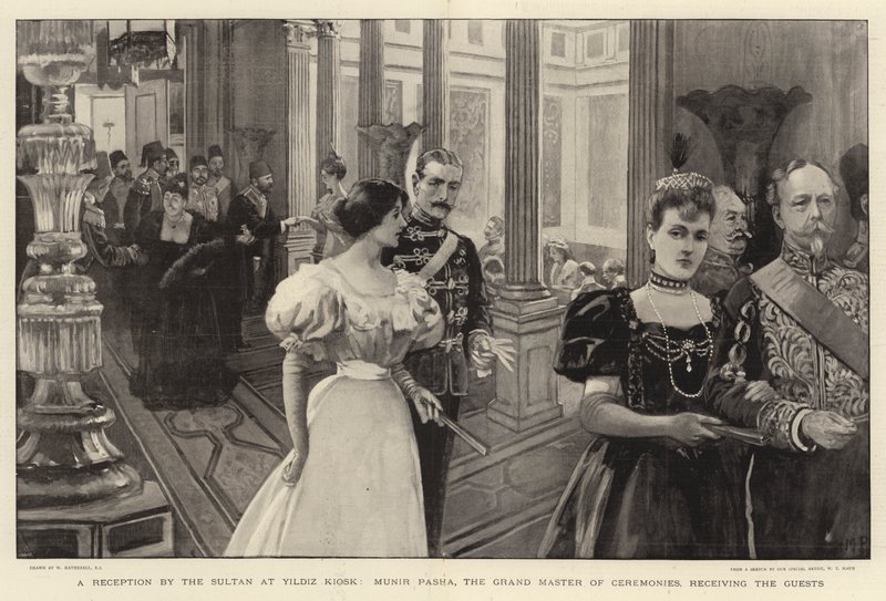 A Reception by the Sultan at Yildiz Kiosk, Munir Pasha, the Grand Master of Ceremonies, Receiving the Guests by William Hatherell