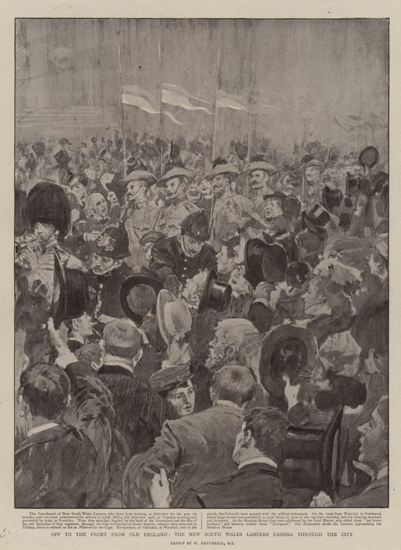 Off to the Front from Old England, the New South Wales Lancers passing through the City by William Hatherell