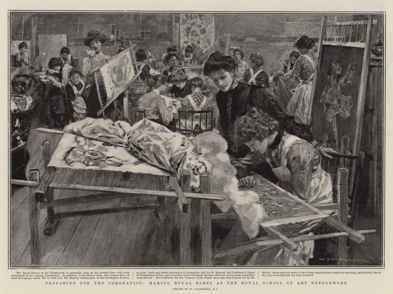 Preparing for the Coronation, making Royal Robes at the Royal School of Art Needlework by William Hatherell