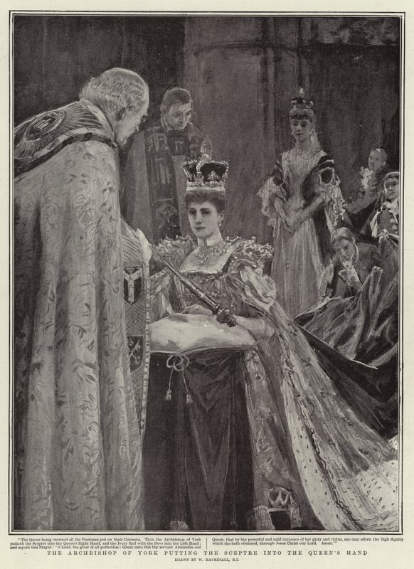 The Archbishop of York putting the Sceptre into the Queen