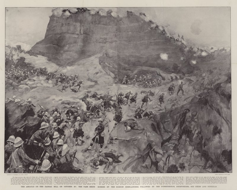 The Assault on the Dargai Hill on 20 October, the Pass Being Rushed by the Gordon Highlanders, Followed by the Dorsetshires, Derbyshires, 3rd Sikhs and Gurkhas by William Hatherell