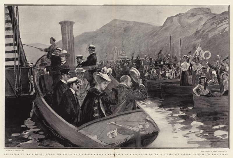 The Cruise of the King and Queen, the Return of His Majesty from a Deer Drive at Kinlochmore to the Victoria and Albert, Anchored in Loch Leven by William Hatherell