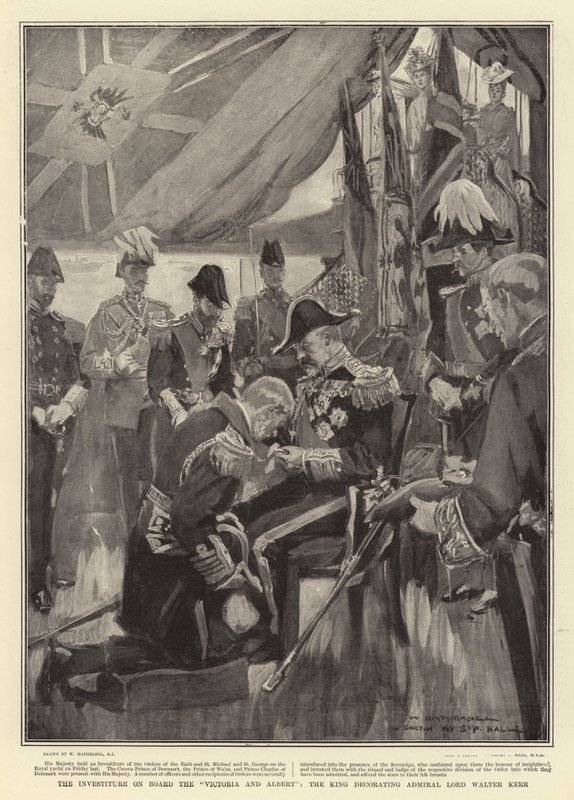The Investiture on Board the Victoria and Albert, the King decorating Admiral Lord Walter Kerr by William Hatherell