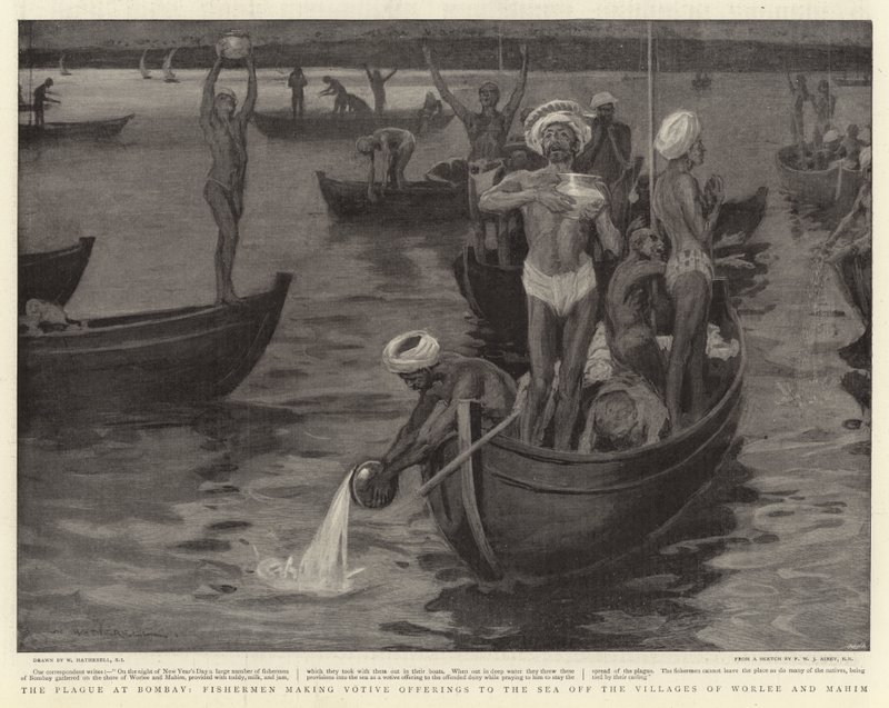 The Plague at Bombay, Fishermen Making Votive Offerings to the Sea off the Villages of Worlee and Mahim by William Hatherell