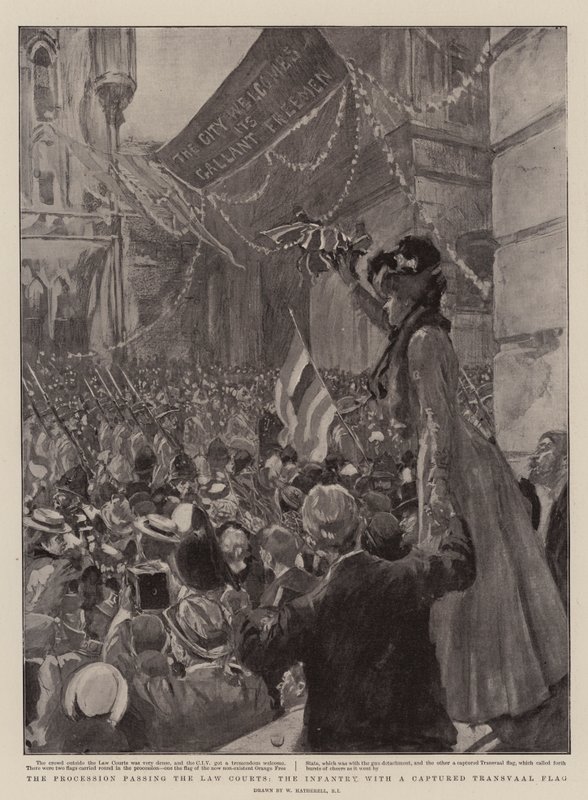 The Procession Passing the Law Courts, the Infantry with a Captured Transvaal Flag by William Hatherell