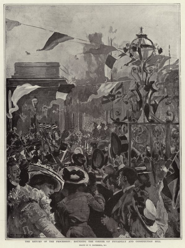 The Return of the Procession, rounding the Corner of Piccadilly and Constitution Hill by William Hatherell