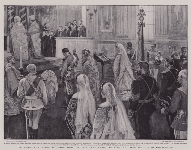 The Russian Royal Family at Zarskoe Selo, the Grand Duke Michael Alexandrovitch taking the Oath on Coming of Age by William Hatherell