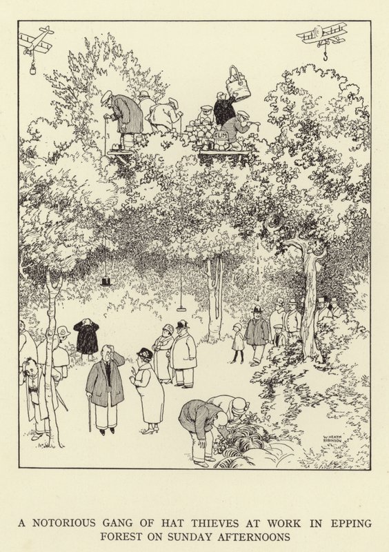A notorious gang of hat thieves at work in Epping Forest on Sunday afternoons by William Heath Robinson