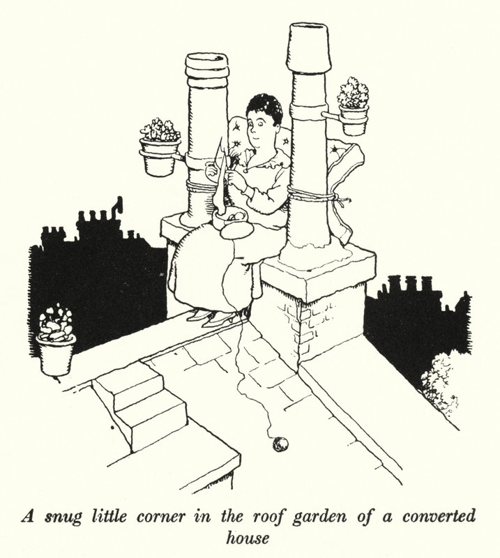 A snug little corner in the roof garden of a converted house by William Heath Robinson