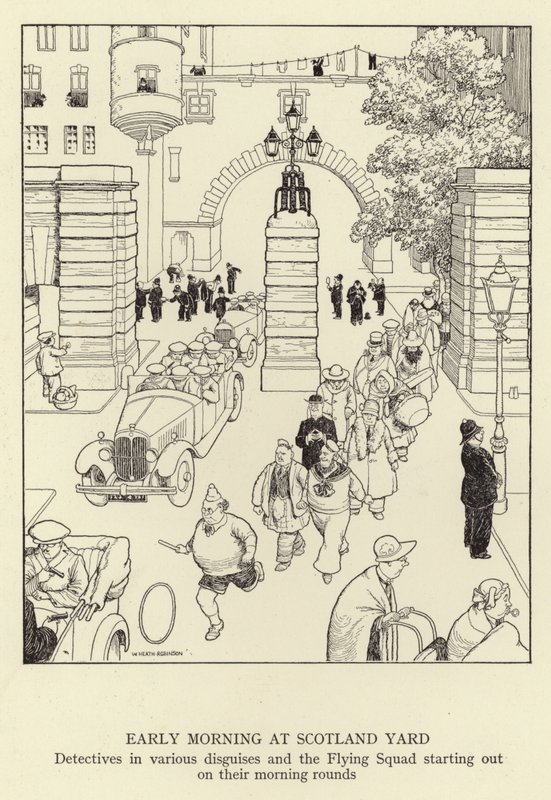 Early Morning at Scotland Yard, Detectives in Various Disguises and the Flying Squad Starting Out on Their Morning Rounds by William Heath Robinson