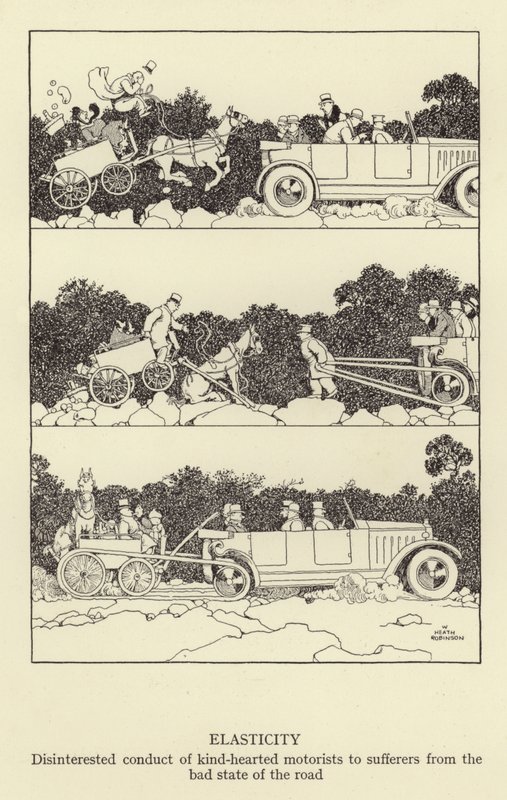 Elasticity, disinterested conduct of kind-hearted motorists to sufferers from the bad state of the road by William Heath Robinson