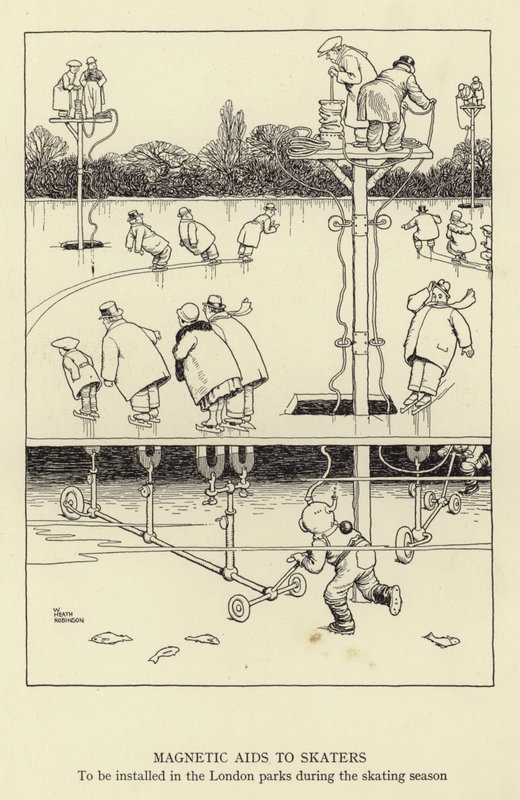 Magnetic aids to skaters, to be installed in the London parks during the skating season by William Heath Robinson
