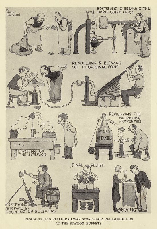 Resuscitating Stale Railway Scones for Redistribution at the Station Buffets by William Heath Robinson