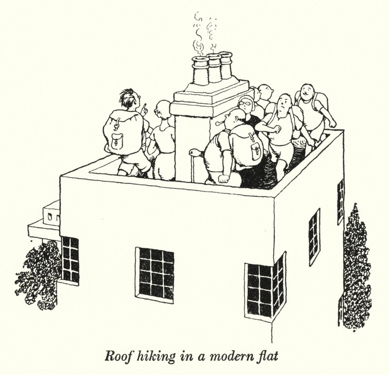 Roof hiking in a modern flat by William Heath Robinson
