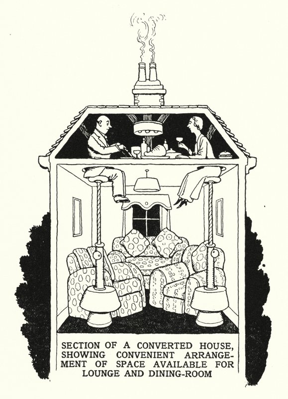 Section of a Converted House, Showing Convenient Arrangement of Space Available for Lounge and Dining-Room by William Heath Robinson