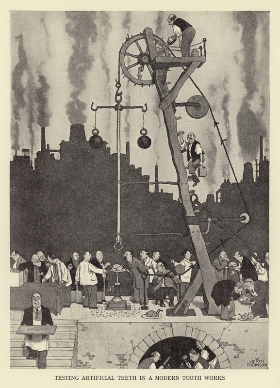 Testing Artificial Teeth in a Modern Tooth Works by William Heath Robinson