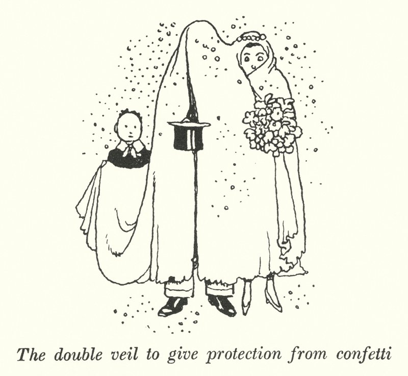 The double veil to give protection from confetti by William Heath Robinson