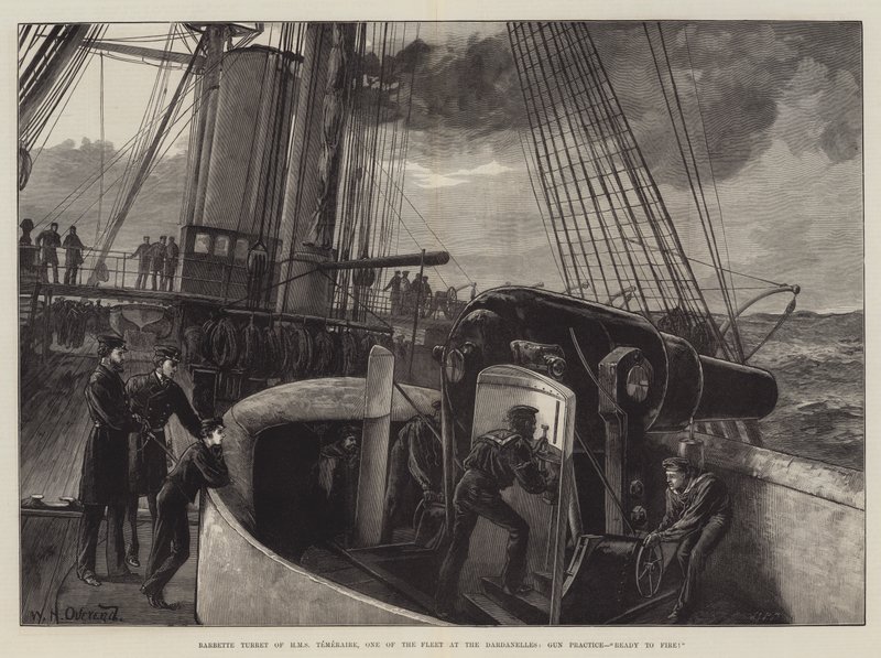 Barbette Turret of HMS Temeraire, One of the Fleet at the Dardanelles, Gun Practice, Ready to Fire! by William Heysham Overend