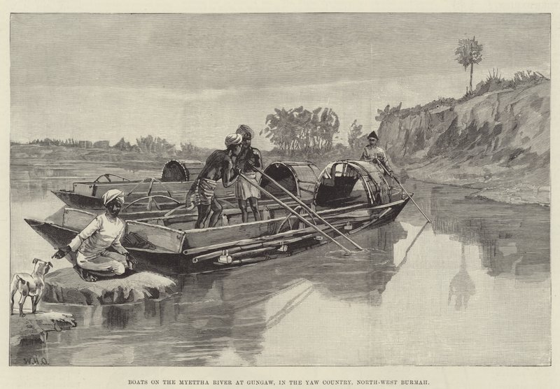Boats on the Myettha River at Gungaw, in the Yaw Country, North-West Burma by William Heysham Overend