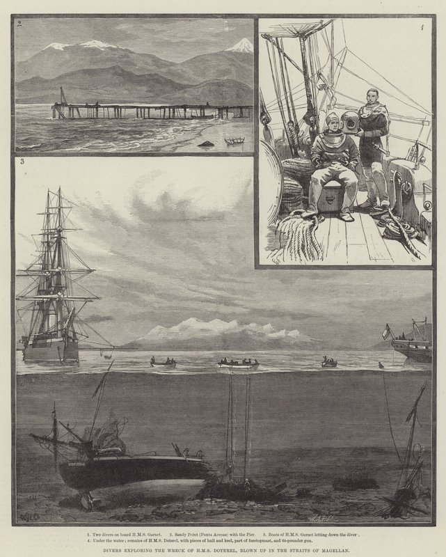 Divers Exploring the Wreck of HMS Doterel, Blown Up in the Straits of Magellan by William Heysham Overend