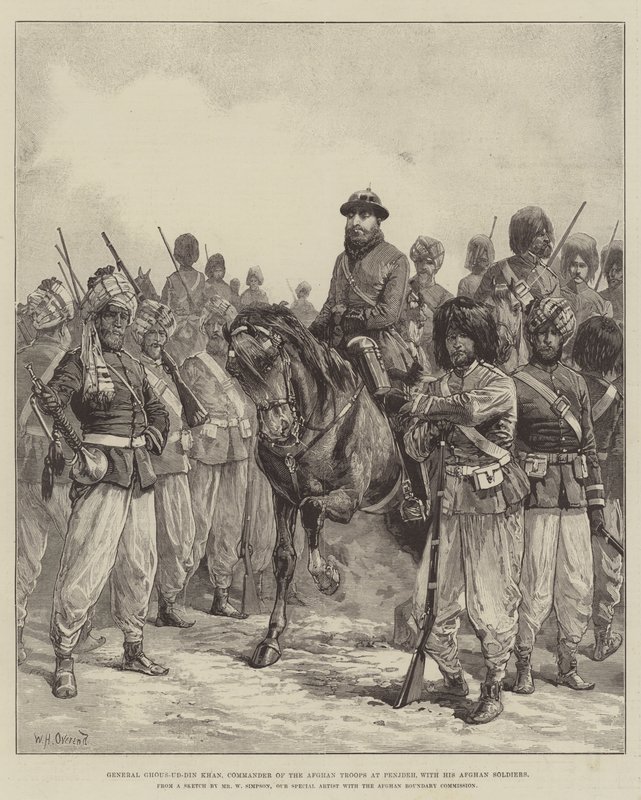 General Ghous-ud-din Khan, Commander of the Afghan Troops at Penjdeh, with His Afghan Soldiers by William Heysham Overend