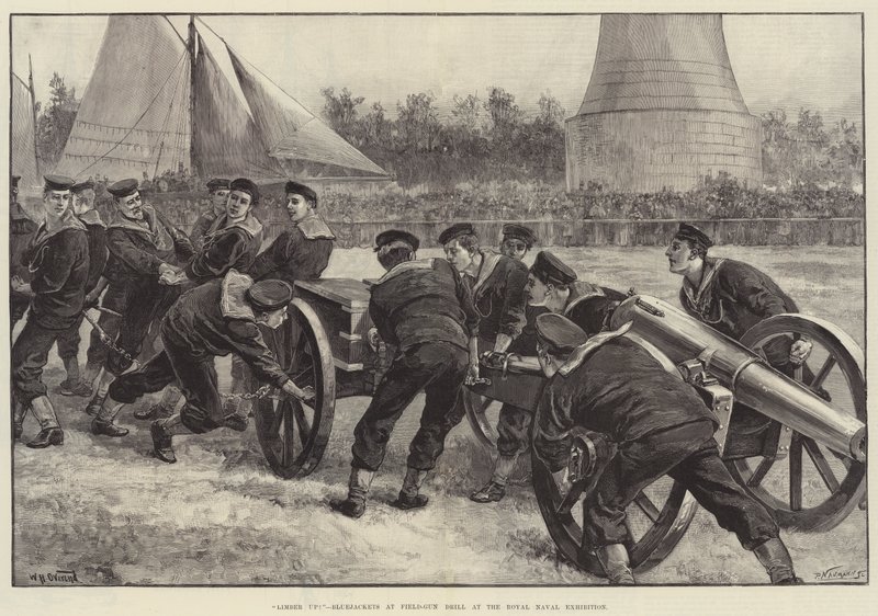 Limber Up! Bluejackets at Field-Gun Drill at the Royal Naval Exhibition by William Heysham Overend