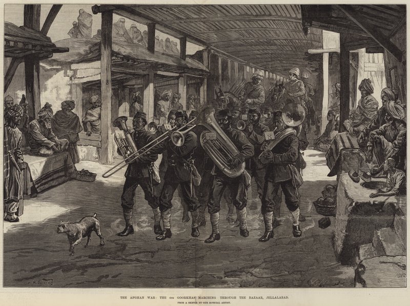 The Afghan War, the 4th Goorkhas marching through the Bazaar, Jellalabad by William Heysham Overend