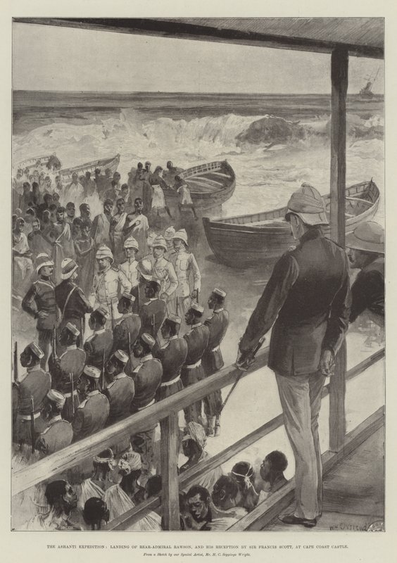 The Ashanti Expedition, landing of Rear-Admiral Rawson, and his Reception by Sir Francis Scott, at Cape Coast Castle by William Heysham Overend