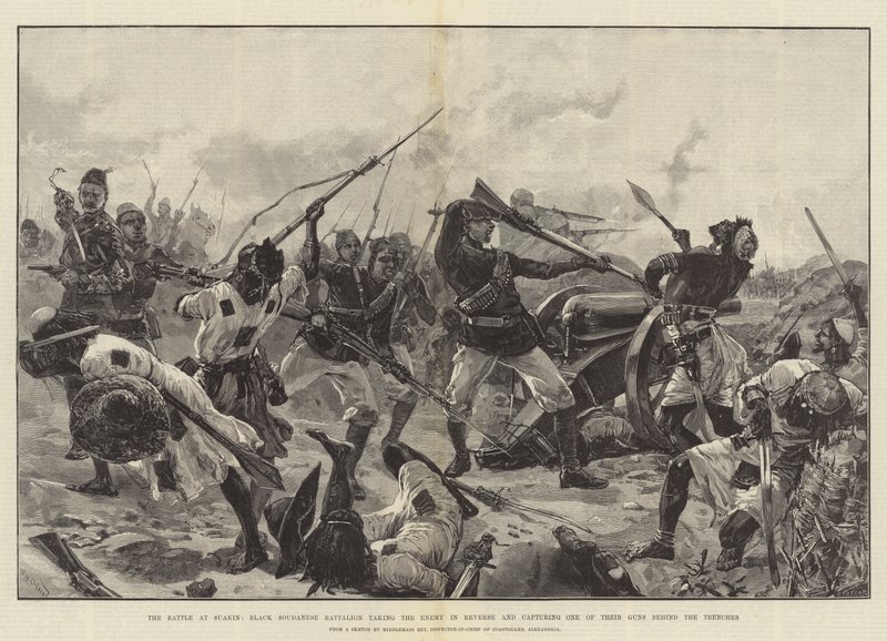 The Battle at Suakin, Black Soudanese Battalion Taking the Enemy in Reverse and Capturing One of Their Guns Behind the Trenches by William Heysham Overend