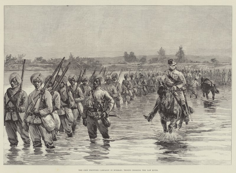 The Chin Frontier Campaign in Burmah, Troops crossing the Yaw River by William Heysham Overend