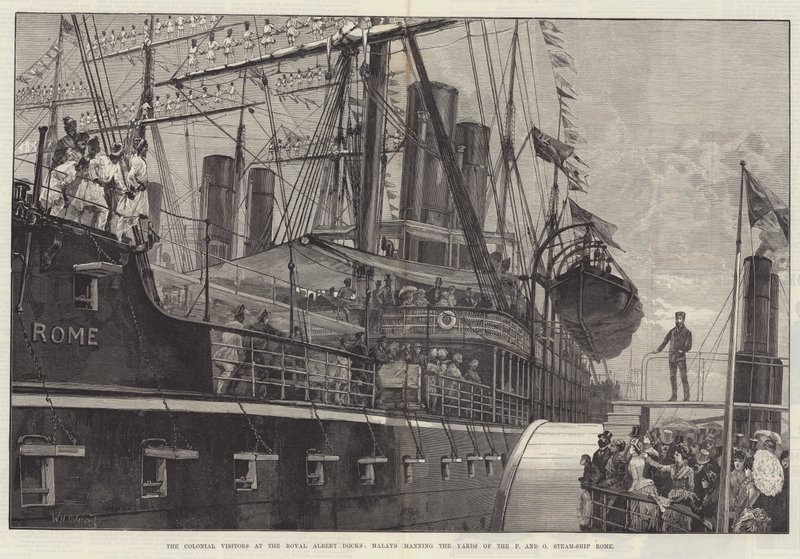 The Colonial Visitors at the Royal Albert Docks, Malays manning the Yards of the P and O Steam-Ship Rome by William Heysham Overend