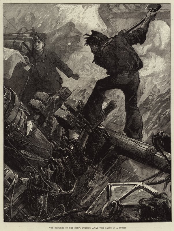 The Dangers of the Deep, cutting away the Masts in a Storm by William Heysham Overend